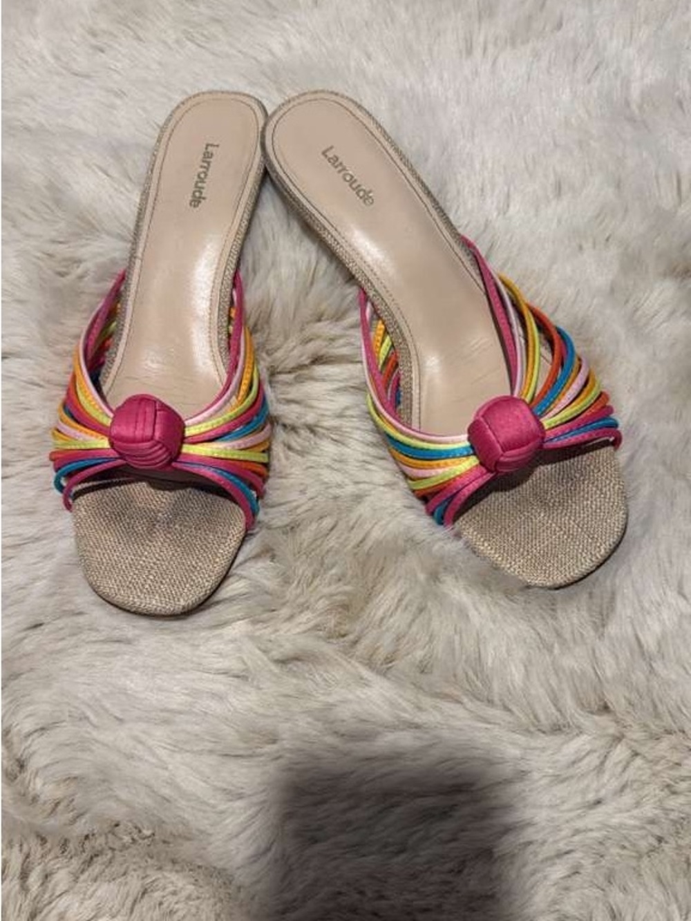 Larroude Rainbow Strappy Slide Mules with Pink Knot